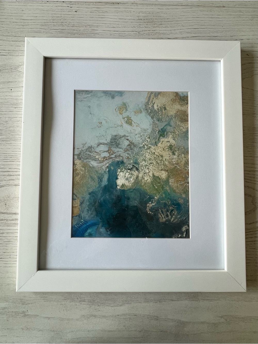 Framed Abstract Ocean Resin Art Print in Blue and Gold- 16”x14”